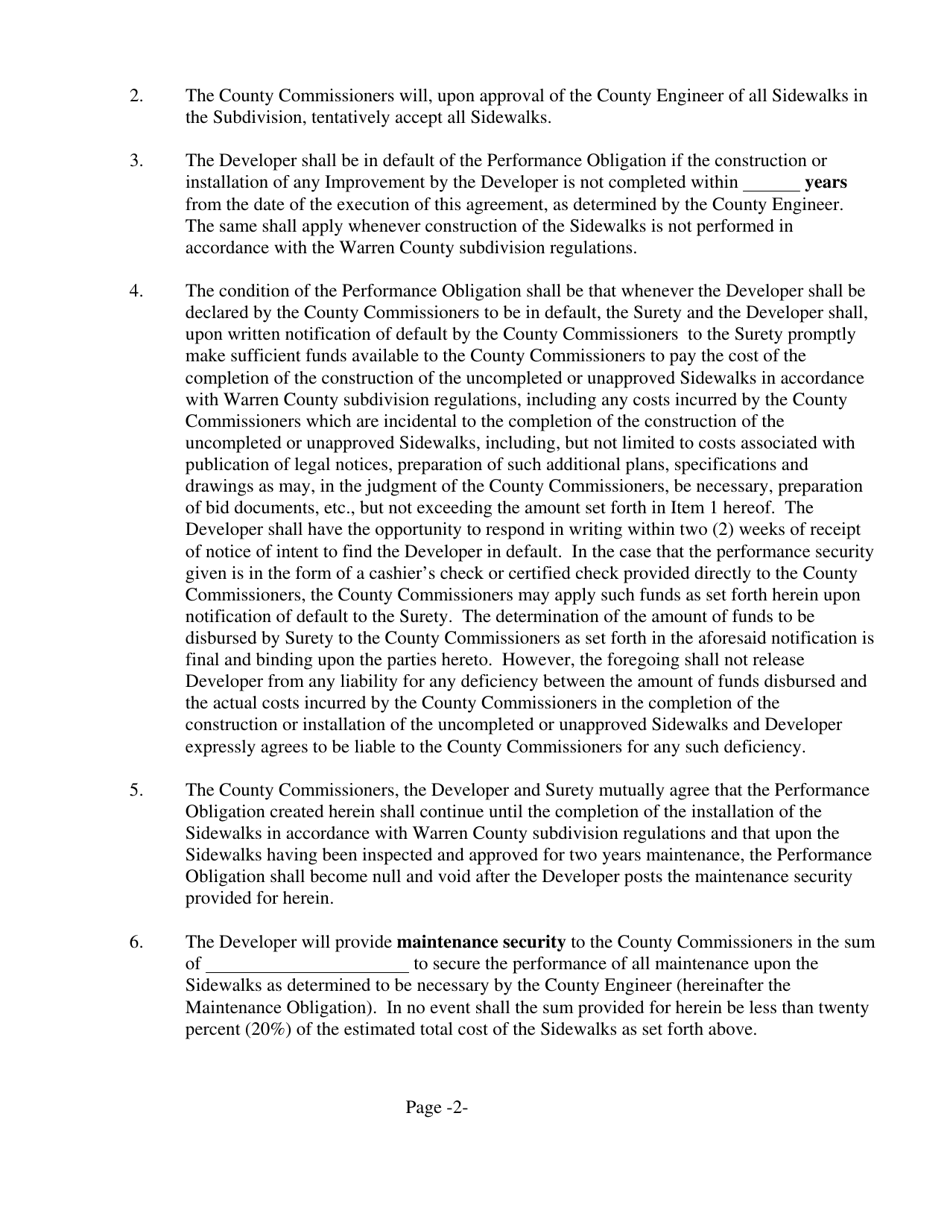 Form SW-2 Subdivision Public Improvement Performance and Maintenance Security Agreement - Sidewalks - Warren County, Ohio, Page 2