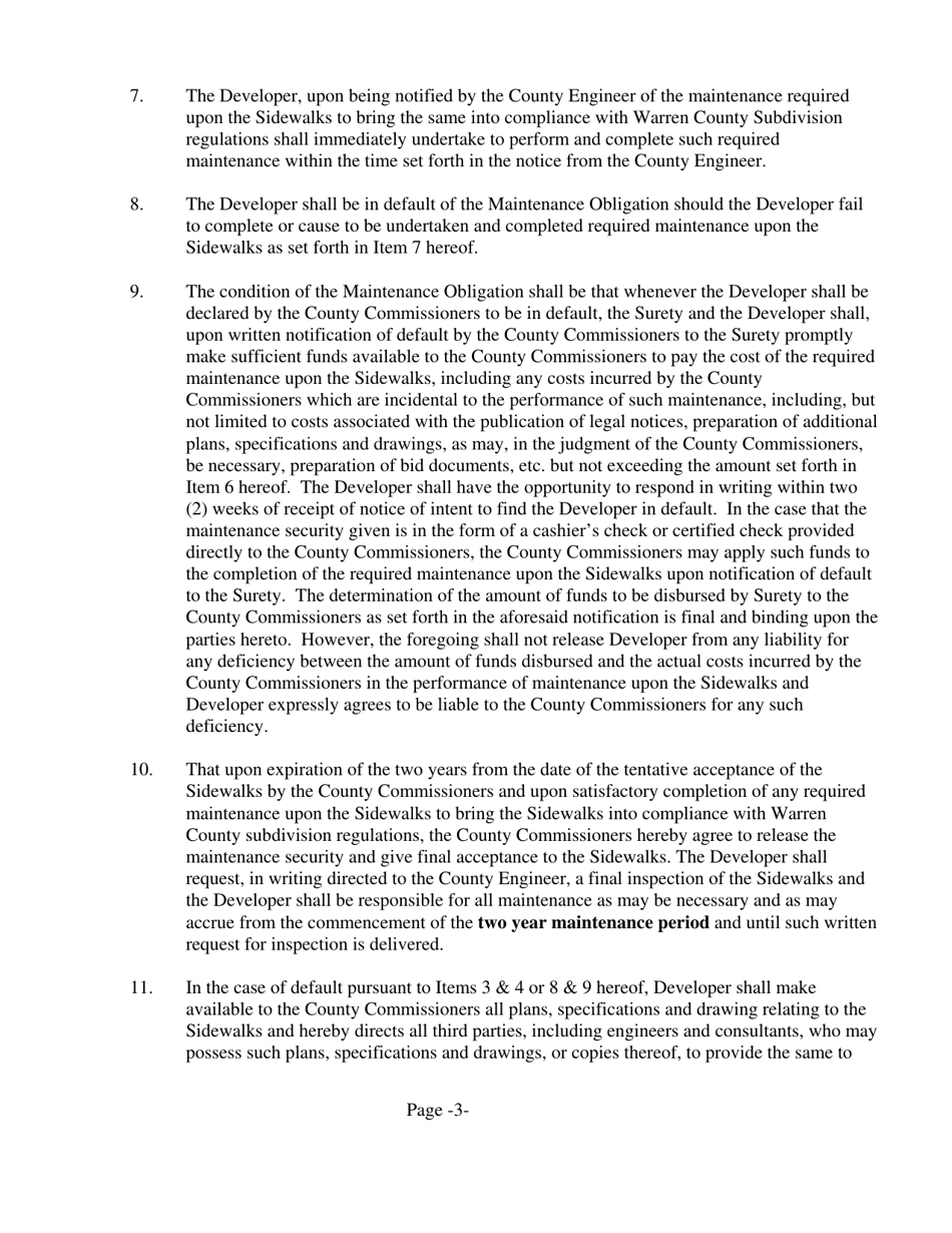 Form SW-2 Subdivision Public Improvement Performance and Maintenance Security Agreement - Sidewalks - Warren County, Ohio, Page 3