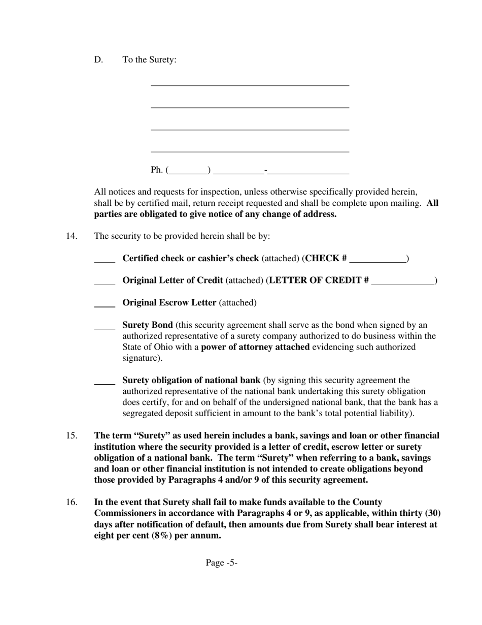 Form SW-2 Subdivision Public Improvement Performance and Maintenance Security Agreement - Sidewalks - Warren County, Ohio, Page 5