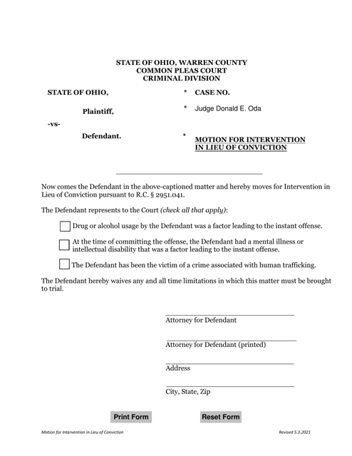 Motion for Intervention in Lieu of Conviction - Warren County, Ohio Download Pdf
