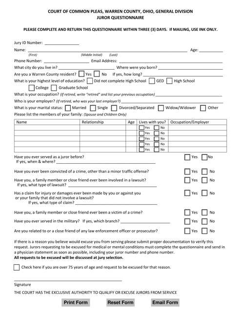 Juror Questionnaire - Warren County, Ohio Download Pdf