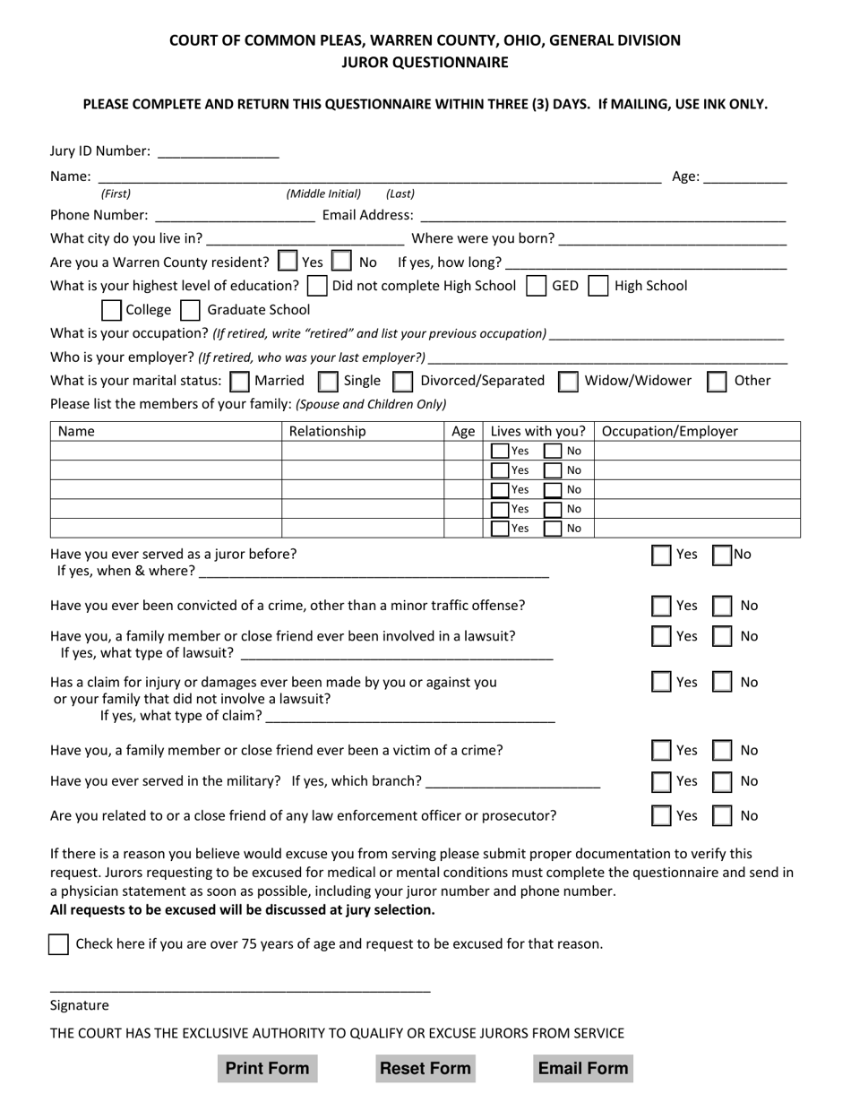 Warren County, Ohio Juror Questionnaire - Fill Out, Sign Online and ...