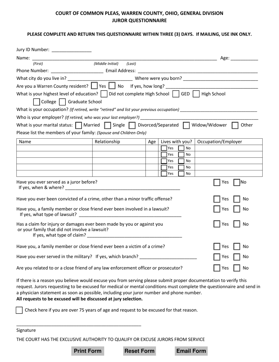 Juror Questionnaire - Warren County, Ohio, Page 1