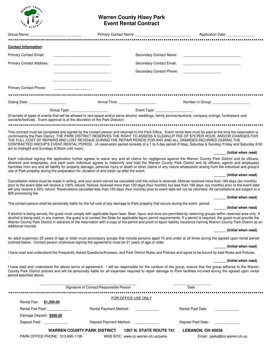 Event Rental Contract - Warren County Hisey Park - Warren County, Ohio, Page 1