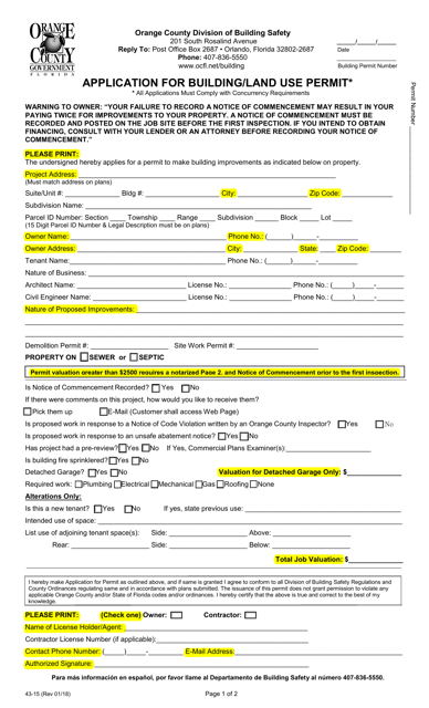 Form 43-15 Application for Building/Land Use Permit - Orange County, Florida
