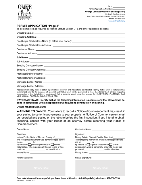 Page 2 Building Permit Application - Orange County, Florida