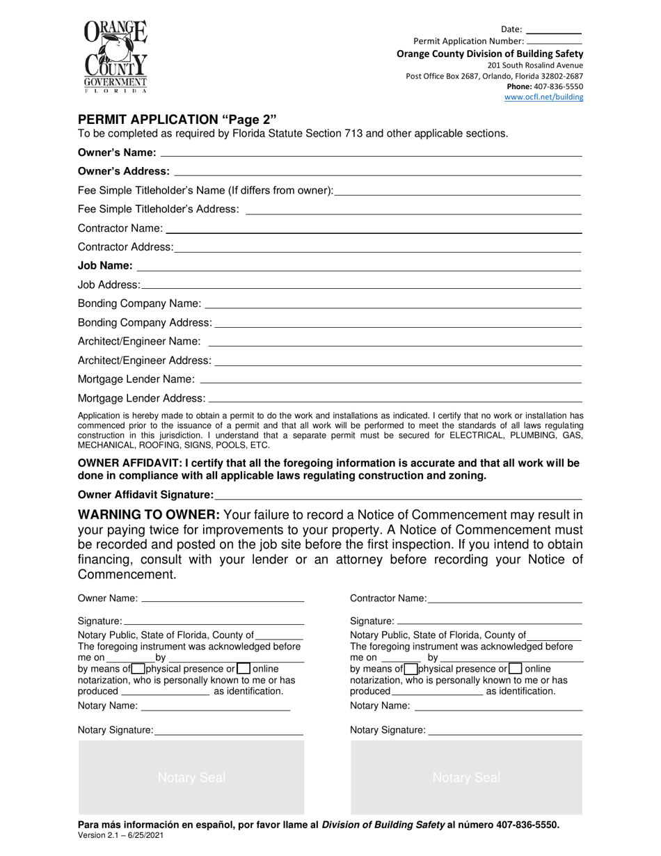 Page 2 Building Permit Application - Orange County, Florida, Page 1