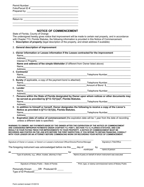Notice of Commencement - Orange County, Florida Download Pdf