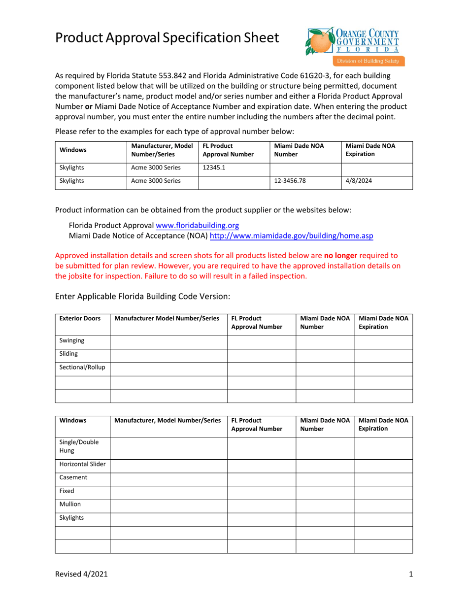 Product Approval Specification Sheet - Orange County, Florida, Page 1