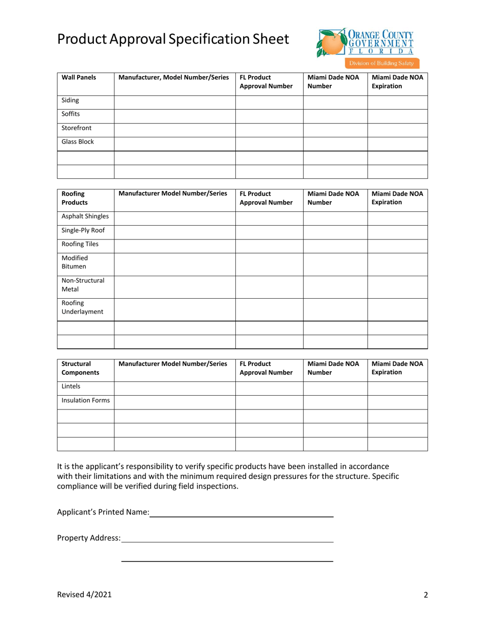 Product Approval Specification Sheet - Orange County, Florida, Page 2