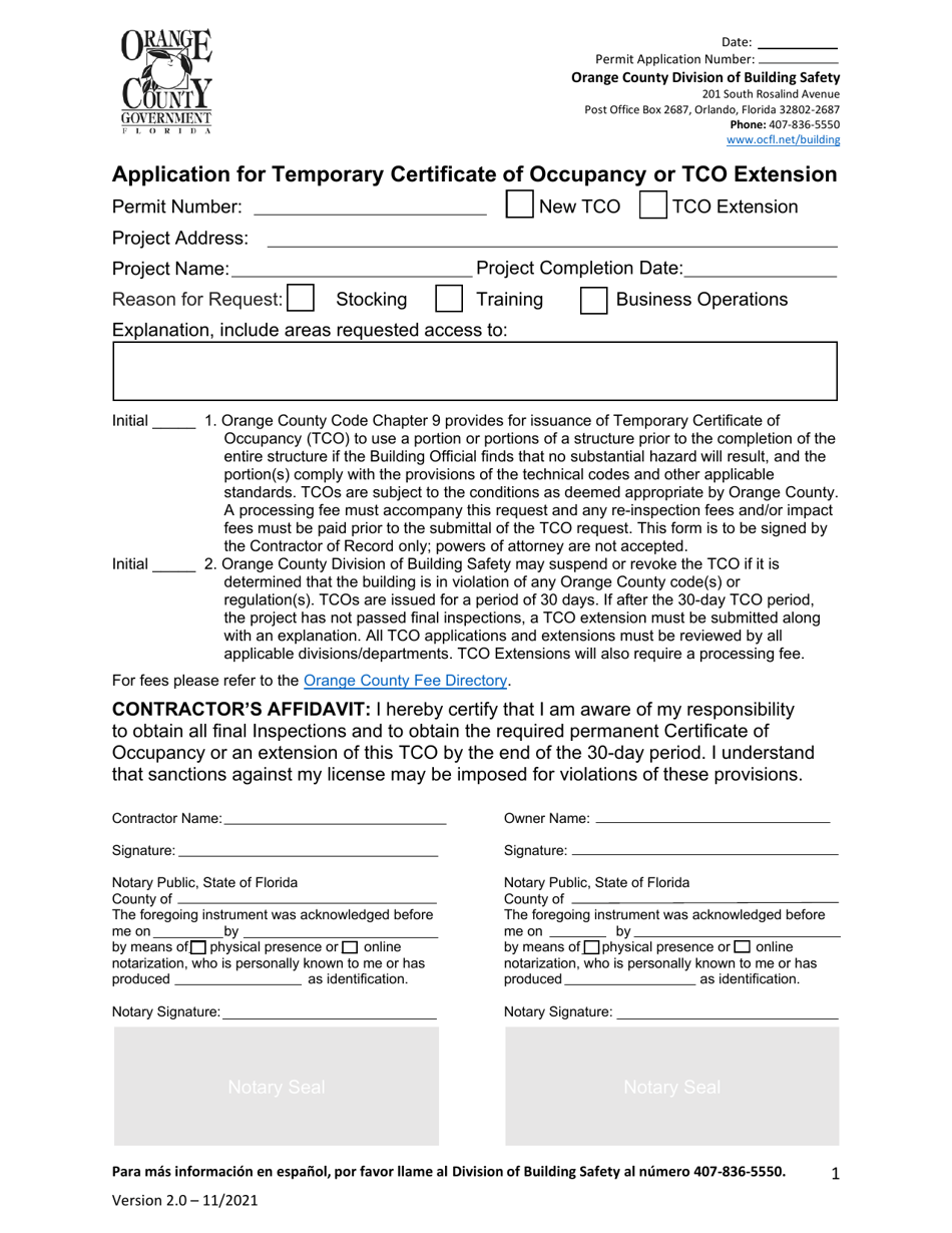 Application for Temporary Certificate of Occupancy or Tco Extension - Orange County, Florida, Page 1