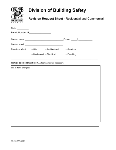 Revision Request Sheet - Residential and Commercial - Orange County, Florida Download Pdf
