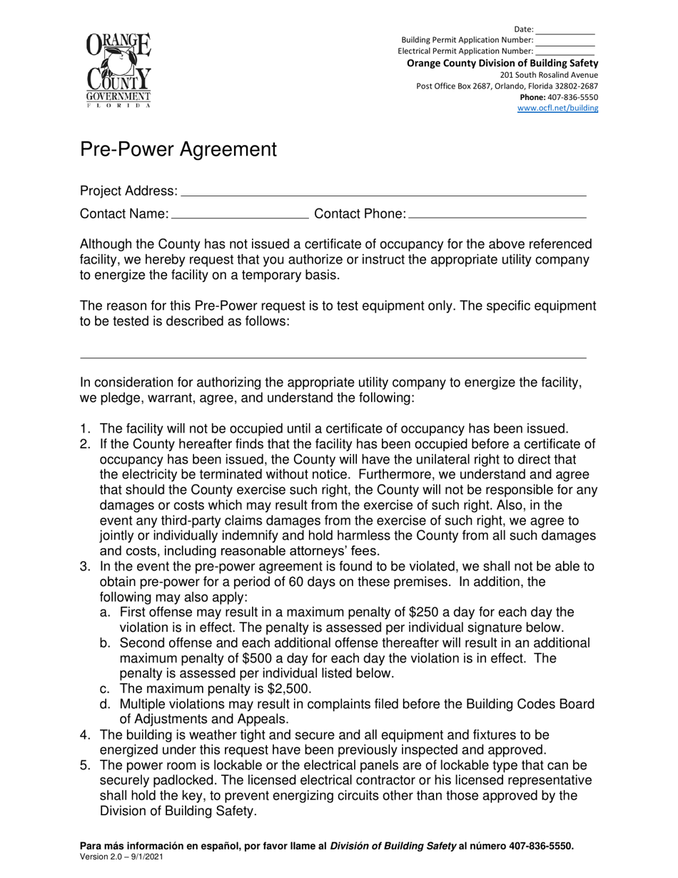 Pre-power Agreement - Orange County, Florida, Page 1