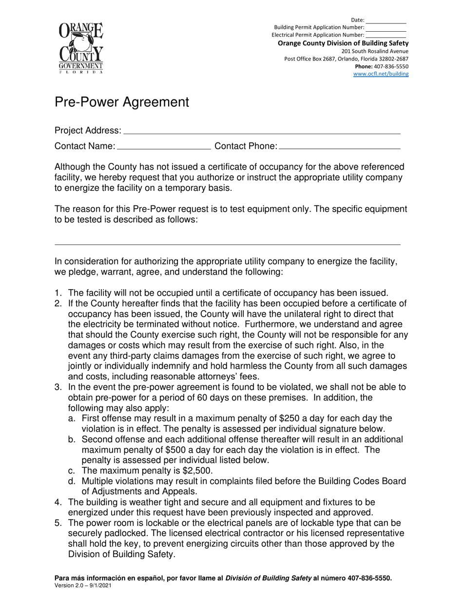 Orange County, Florida Prepower Agreement Download Fillable PDF