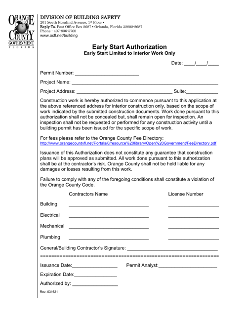 Early Start Authorization - Early Start Limited to Interior Work Only - Orange County, Florida Download Pdf