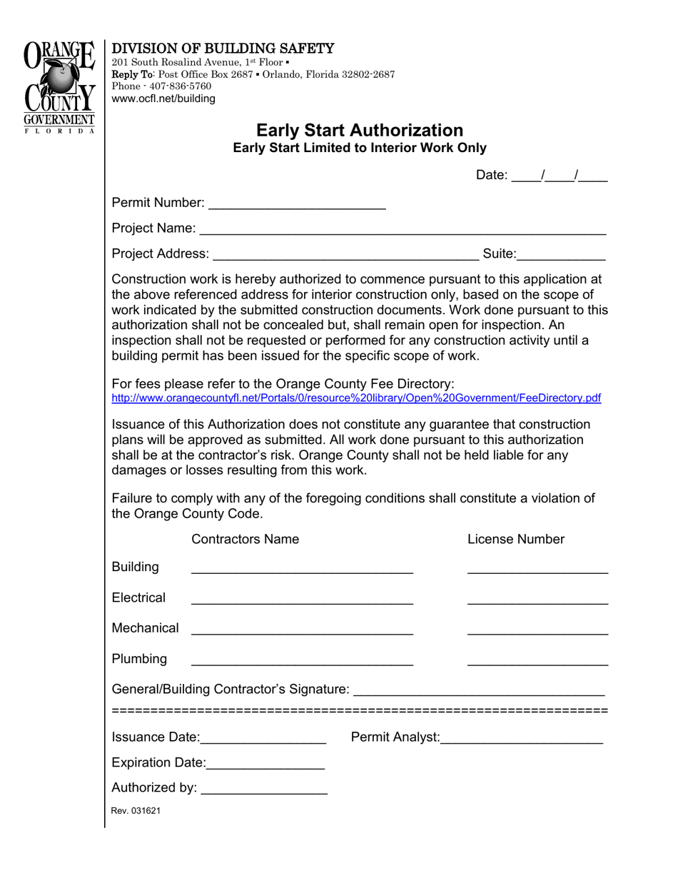 Early Start Authorization - Early Start Limited to Interior Work Only - Orange County, Florida, Page 1