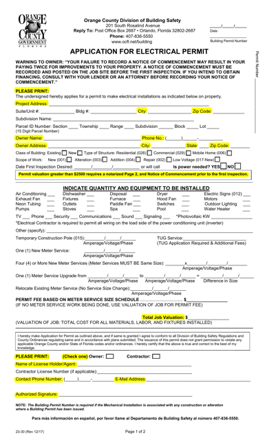 Form 23-30 Application for Electrical Permit - Orange County, Florida