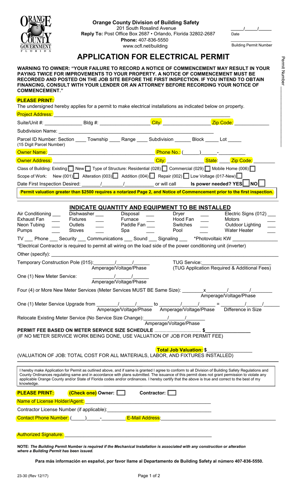 Form 23-30 Application for Electrical Permit - Orange County, Florida, Page 1