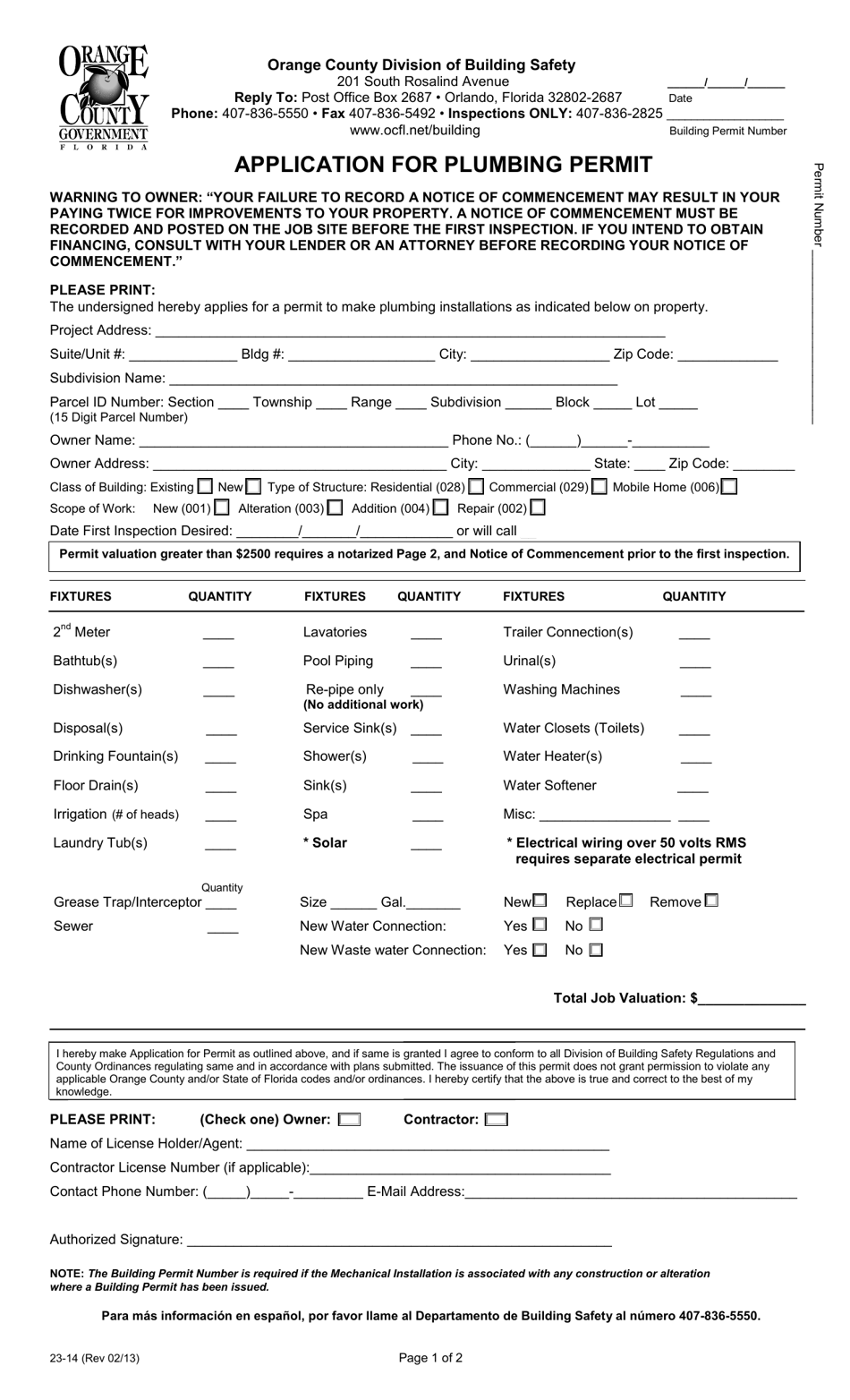 Form 23-14 Application for Plumbing Permit - Orange County, Florida, Page 1