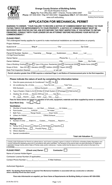 Form 23-39 Application for Mechanical Permit - Orange County, Florida