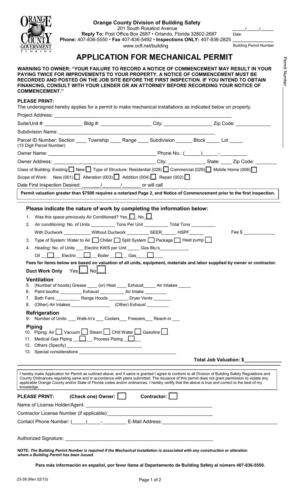 Form 23-39 Application for Mechanical Permit - Orange County, Florida, Page 1