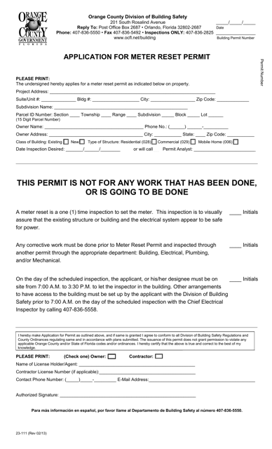Form 23-111 Application for Meter Reset Permit - Orange County, Florida