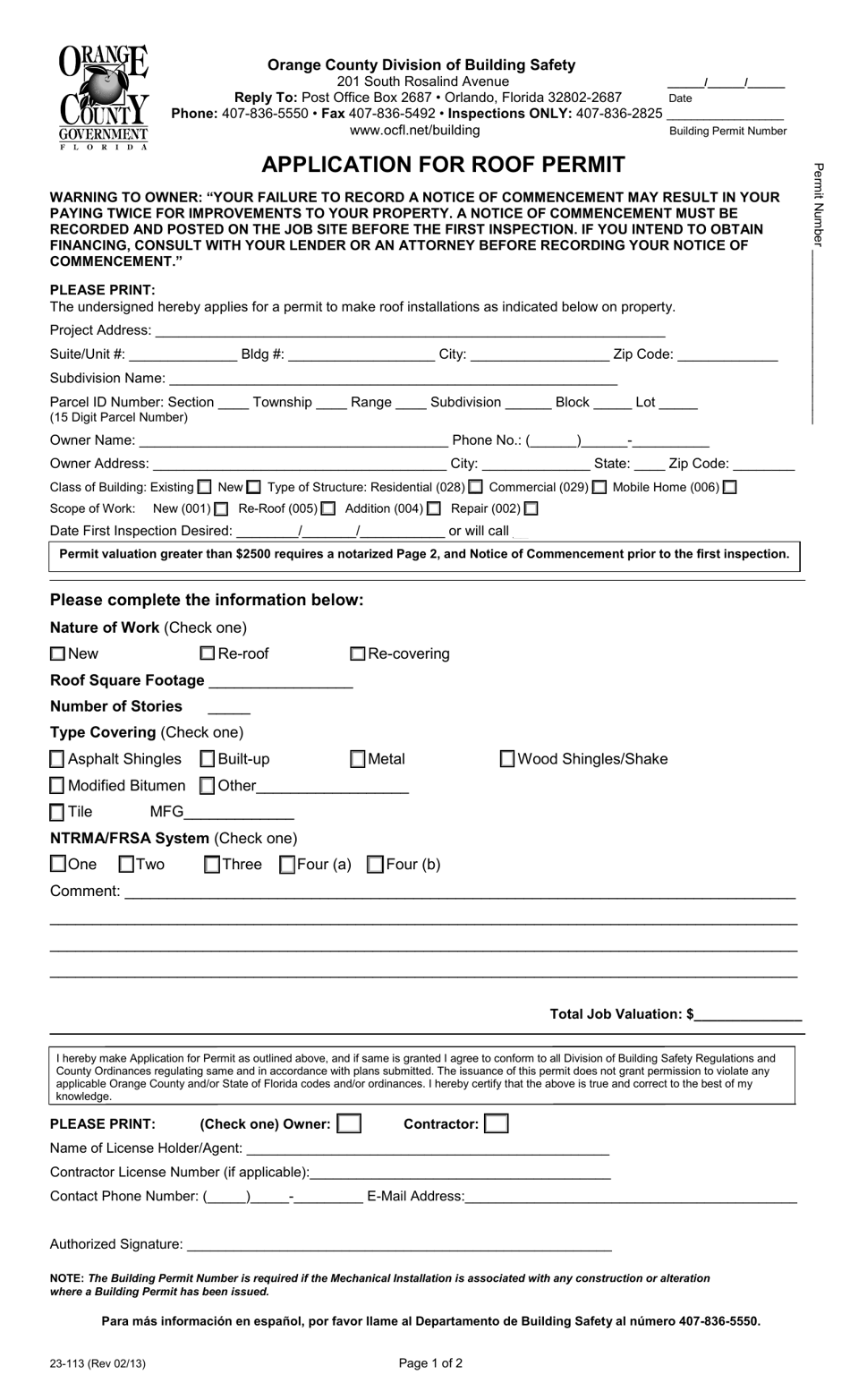 Form 23-113 Application for Roof Permit - Orange County, Florida, Page 1