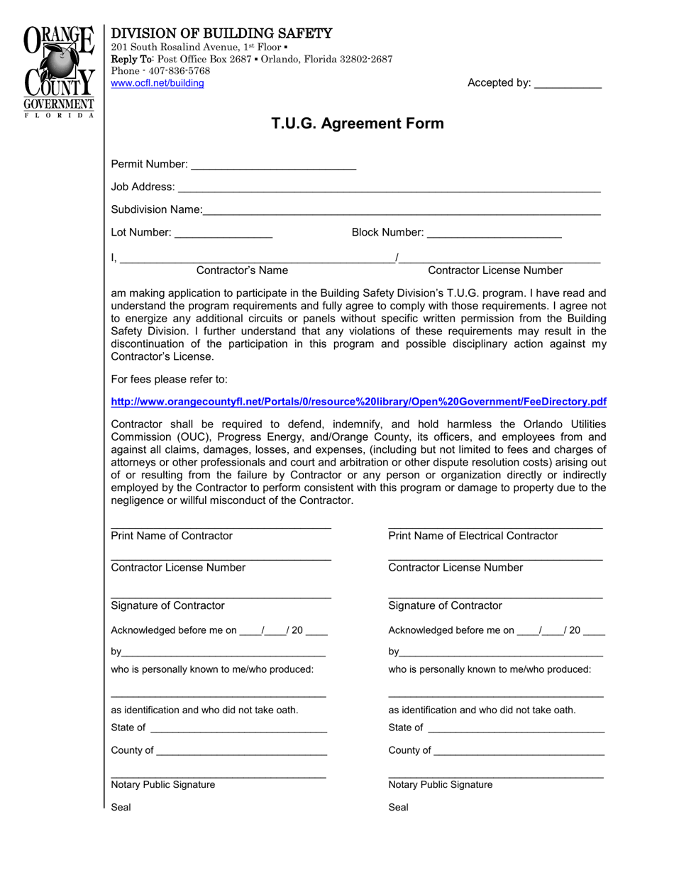T.u.g. Agreement Form - Orange County, Florida, Page 1