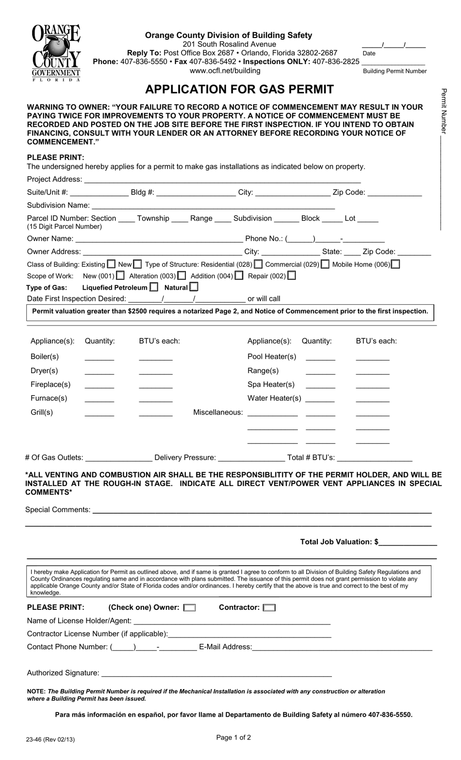 Form 23-46 Application for Gas Permit - Orange County, Florida, Page 1