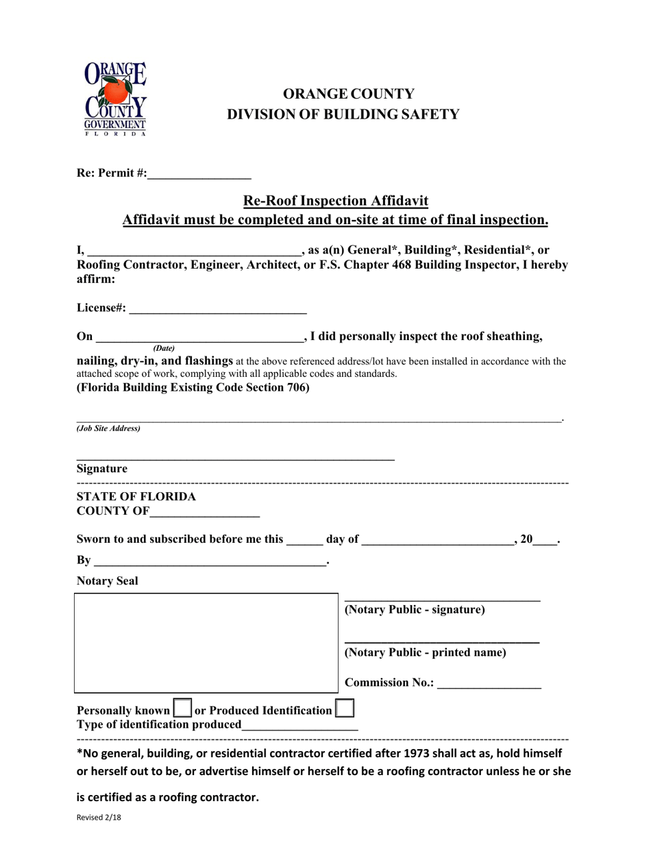 Orange County, Florida Reroof Inspection Affidavit Fill Out, Sign