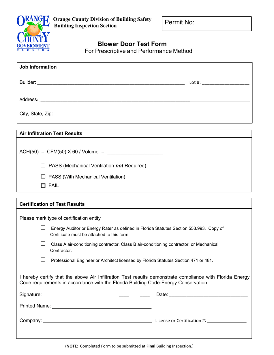 Orange County Florida Blower Door Test Form for Prescriptive and