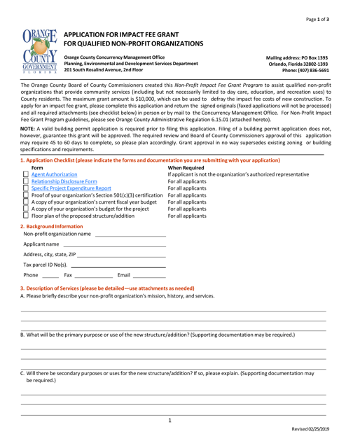 Application for Impact Fee Grant for Qualified Non-profit Organizations - Orange County, Florida Download Pdf