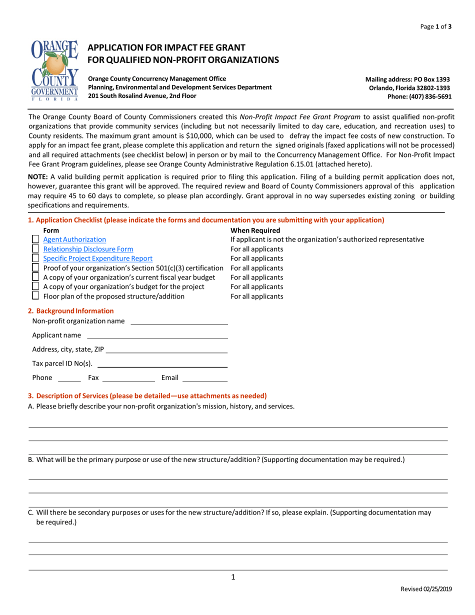 Orange County, Florida Application for Impact Fee Grant for Qualified