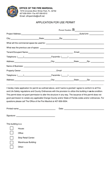 Application for Use Permit - Orange County, Florida Download Pdf