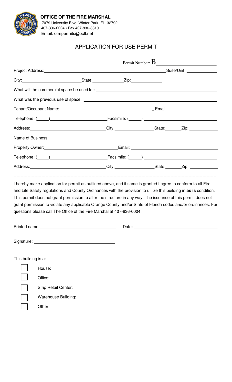 Application for Use Permit - Orange County, Florida, Page 1