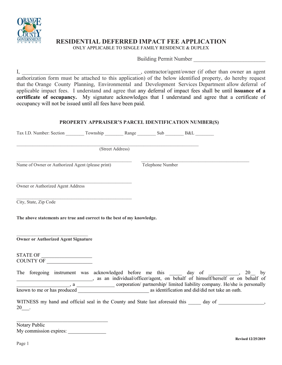 Residential Deferred Impact Fee Application - Orange County, Florida, Page 1