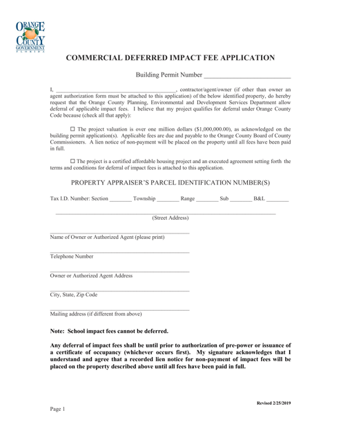 Commercial Deferred Impact Fee Application - Orange County, Florida Download Pdf