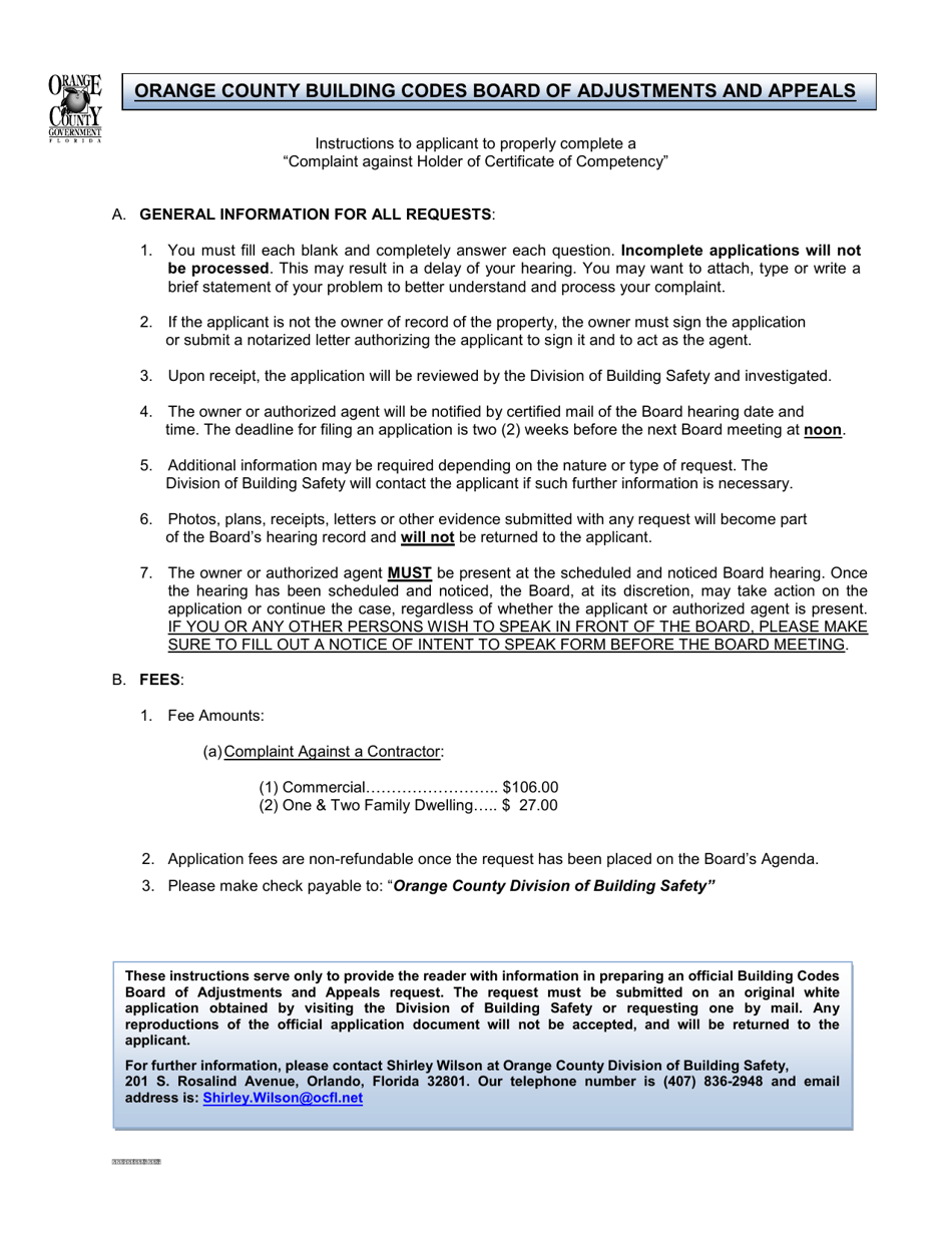 Form 94-1 Complaint Against Contractor / Holder of Certificate of Competency - Orange County, Florida, Page 1