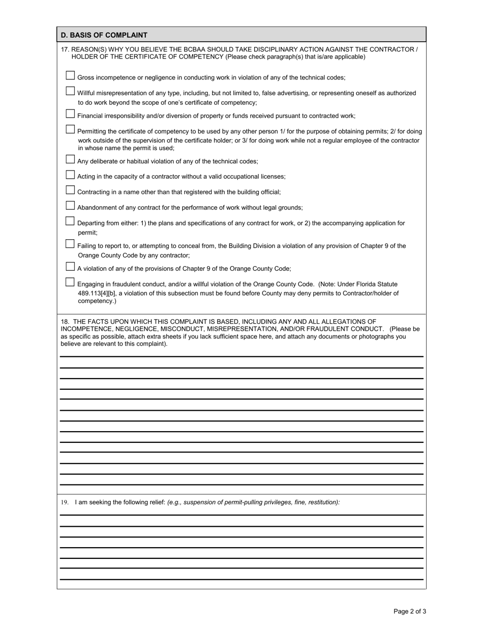 Form 94-1 Complaint Against Contractor / Holder of Certificate of Competency - Orange County, Florida, Page 3