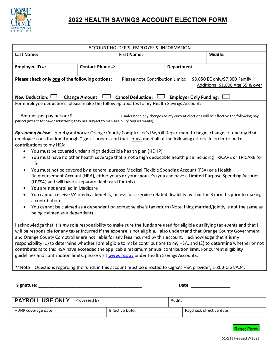 Form 51-113 Health Savings Account Election Form - Orange County, Florida, Page 2