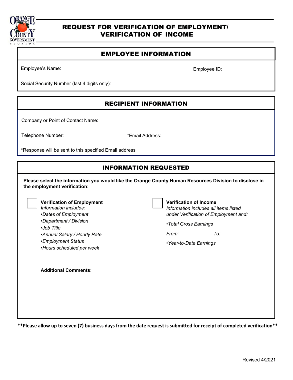 Request for Verification of Employment / Verification of Income - Orange County, Florida, Page 1