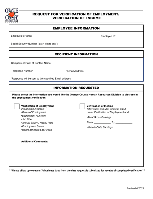 Request for Verification of Employment/Verification of Income - Orange County, Florida