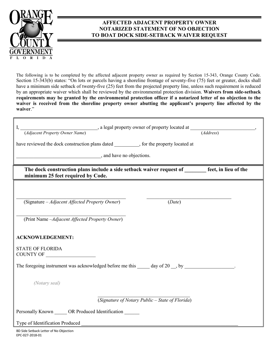 Form EPC-027-2018-01 Affected Adjacent Property Owner Notarized Statement of No Objection to Boat Dock Side-Setback Waiver Request - Orange County, Florida, Page 1