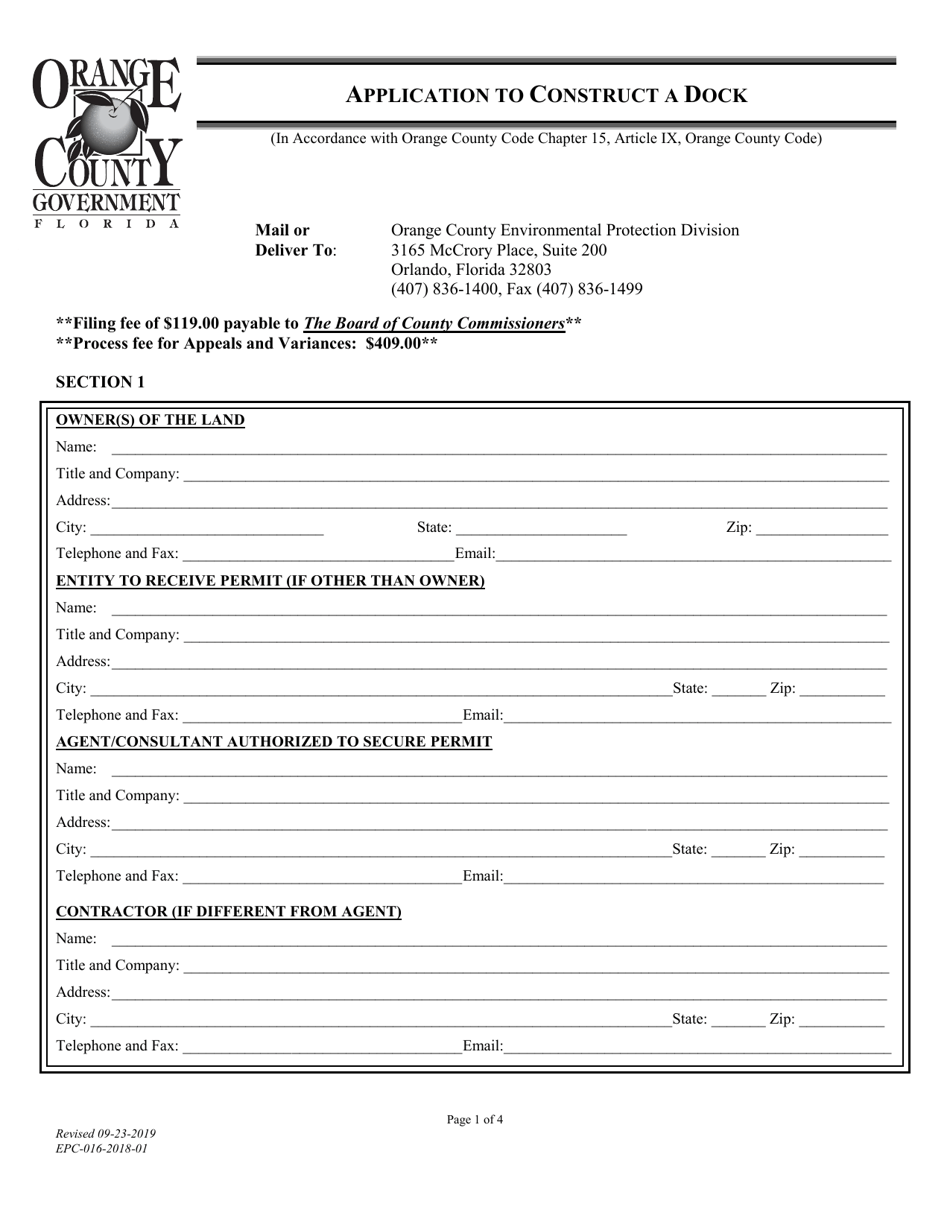 Form EPC-016-2018-01 Application to Construct a Dock - Orange County, Florida, Page 1