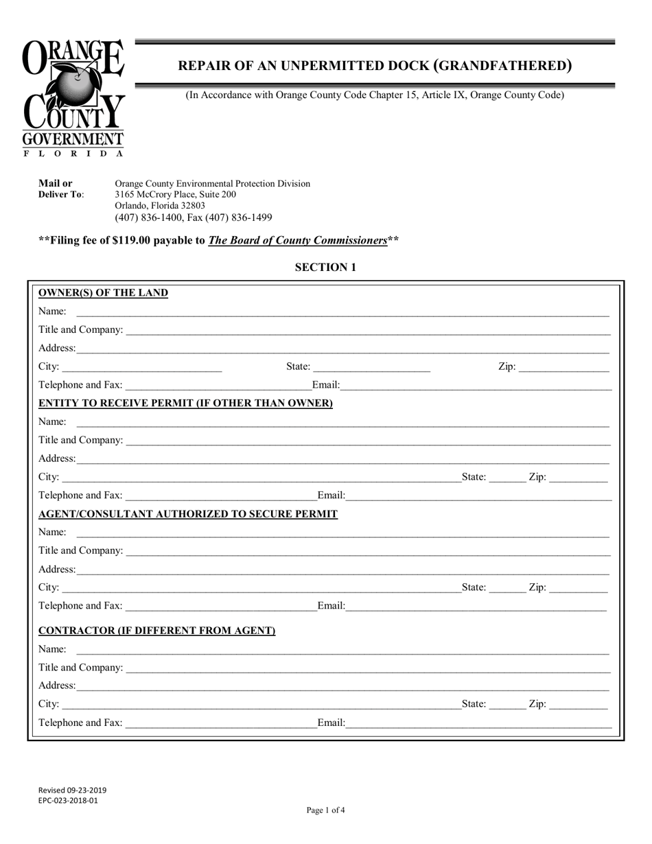 Form EPC-023-2018-01 Repair of an Unpermitted Dock (Grandfathered) - Orange County, Florida, Page 1