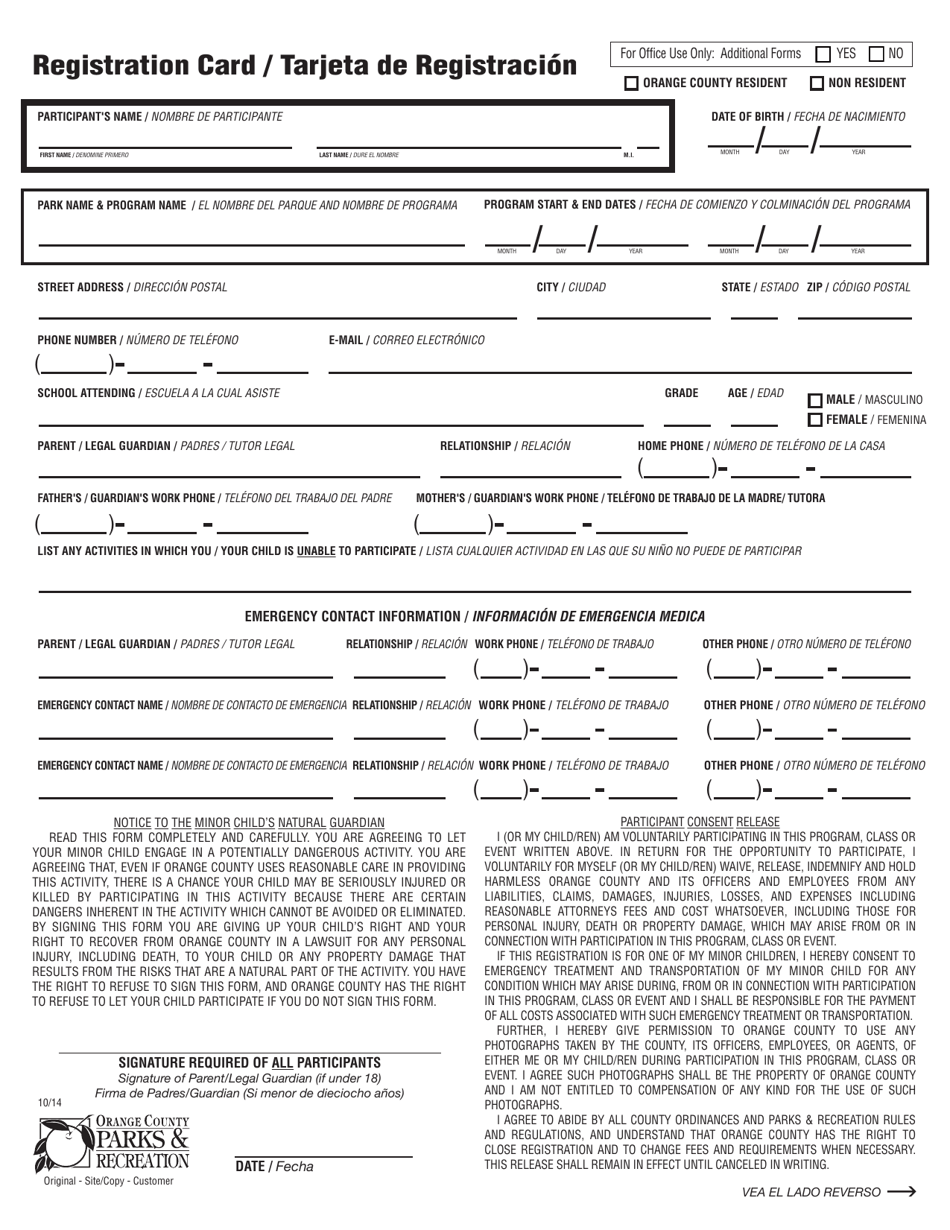 Registration Card - Orange County, Florida (English / Spanish), Page 1