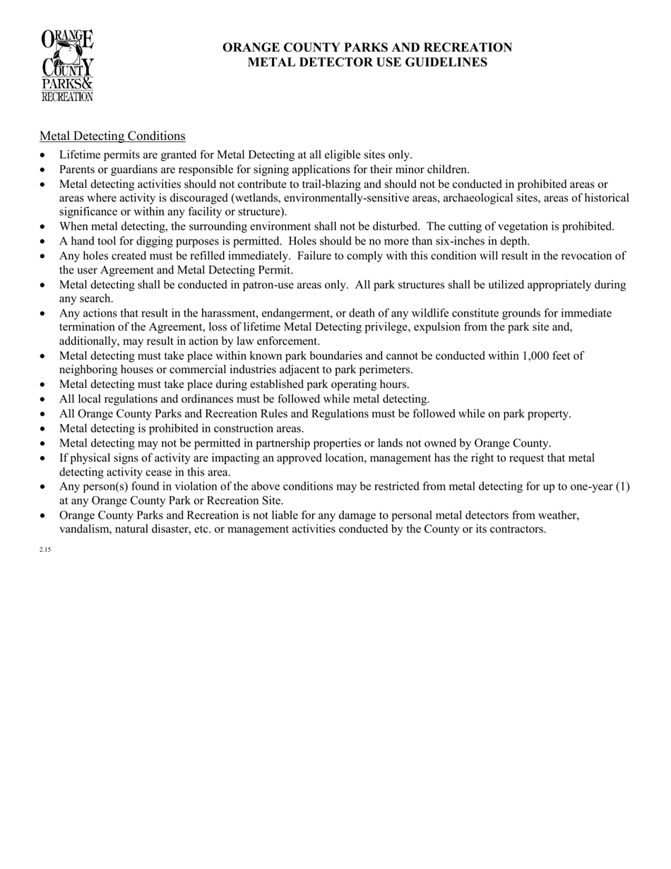 Orange County, Florida Metal Detector Use Application Fill Out, Sign