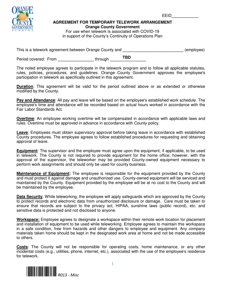 Form R013 Agreement for Temporary Telework Arrangement - Orange County, Florida, Page 1