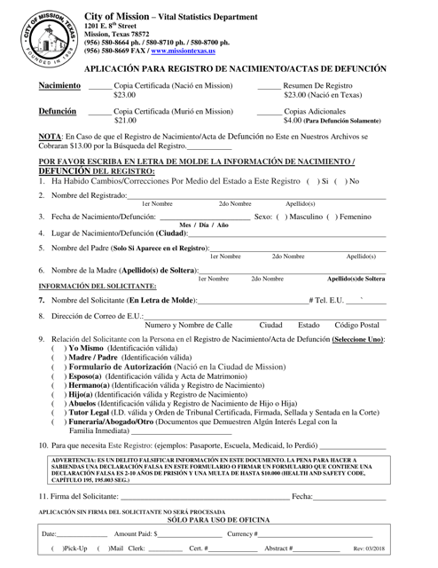 Aplicacion Para Registro De Nacimiento / Actas De Defuncion - City of Mission, Texas (Spanish) Download Pdf