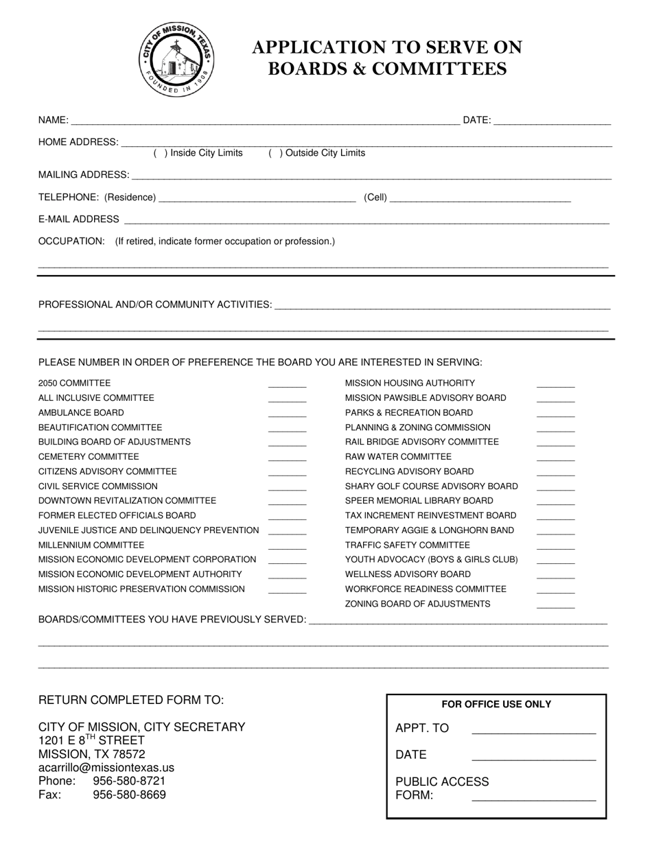 City of Mission, Texas Application to Serve on Boards & Committees
